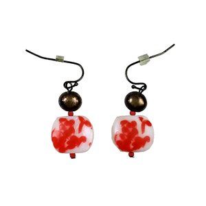 Dangle Earrings Pair Asian Inspired White Glass Red Flowers Bronze Bead